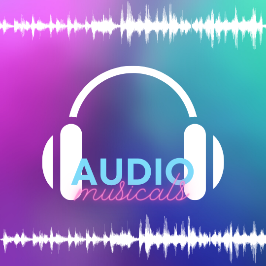 purple, blue and green gradient background, with white sound waves framing the top and bottom. in the center, white ear phones with the words audio musicals